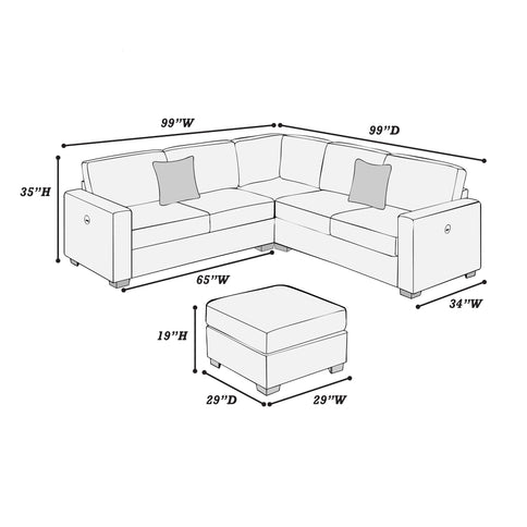 Upholstered L - Shaped 4 Piece Sectional Set With USB, Cocktail Ottoman