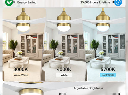 52" Ceiling Fan With Light And DC Motor, Flush Mount / Downrod, Ideal For Living Room - Gold / White