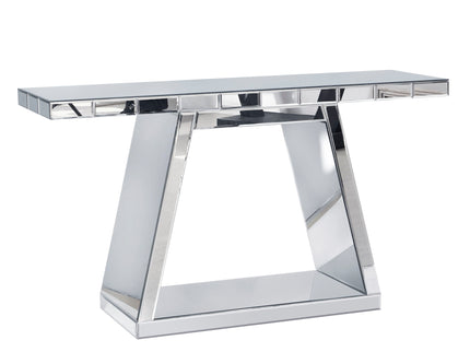 Modern Luxe Full Body Mirror Entryway Table With Trapezoid Base, 360° Reflective Console, Scratch Resistant, Open Storage - Silver