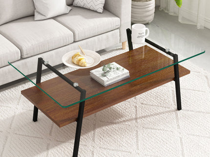 Rectangle Coffee Table, Tempered Glass Tabletop With Metal Legs, Modern Table For Living Room