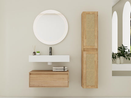 Modern Imitative Wall Mounted Bathroom Vanity With Resin Sink & 2 Side Cabinet, Soft Close Drawer - Imitative Oak
