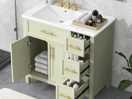 36" Bathroom Vanity With Sink, 2 Doors, 3 Drawers, Rectangular - White