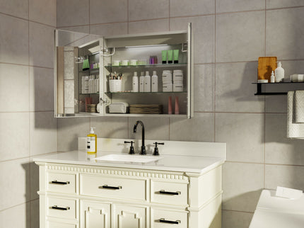 LED Lighted Bathroom Medicine Cabinet With Mirror, Recessed Or Surface LED Medicine Cabinet, Defog, Stepless Dimming, Color Temper Change, Storage Shelves