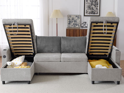 Sectional Sofa Bed With Pull Out Sleeper, USB Ports, Cup Holders