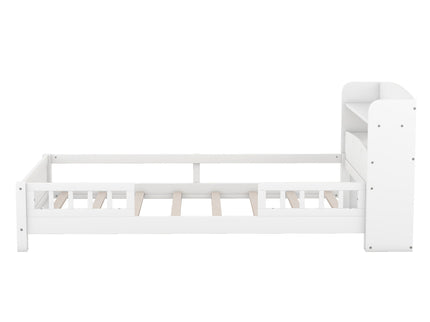 Wood Platform Bed With Built In LED Light, Storage Headboard And Guardrail