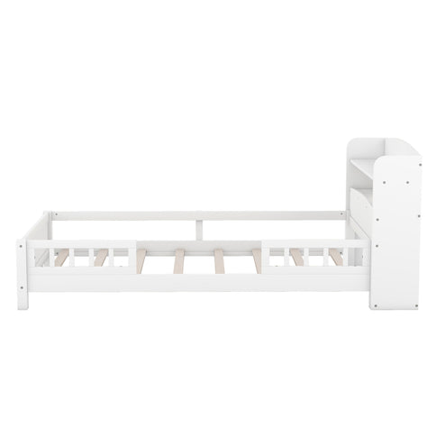 Wood Platform Bed With Built In LED Light, Storage Headboard And Guardrail