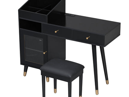 Modern Makeup Vanity Desk With Drawers Cabinet & Charging Port Engineered Wood Space Saving Design For Small Places - Black