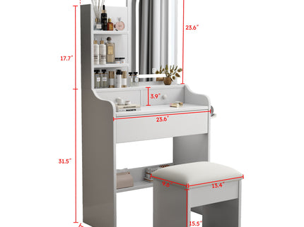 Fashion Vanity Desk With Mirror And Lights For Makeup, Hair Dryer Holder And Chair, Adjustable Lighting - White