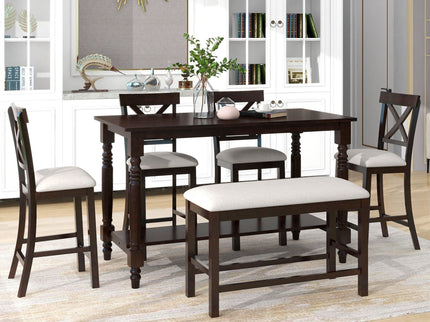 Counter Height Dining Set With Shelf, 4 Chairs And Bench