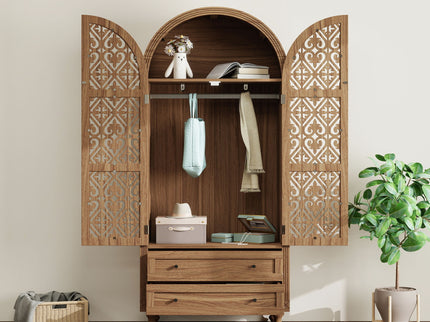 Tall Kitchen Pantry Cabinet With Hollow Carved Doors 2 Drawers And Adjustable Shelves Storage Display Cabinet For Kitchen Dining Room Or Living Room - Walnut