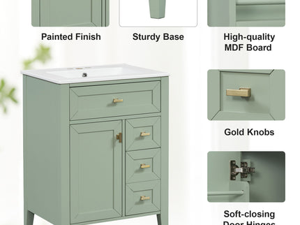 Bathroom Vanity With Sink, 3 Drawers & Cabinet With 2 Tier Door Storage Rack, Soft Close Doors & Drawers