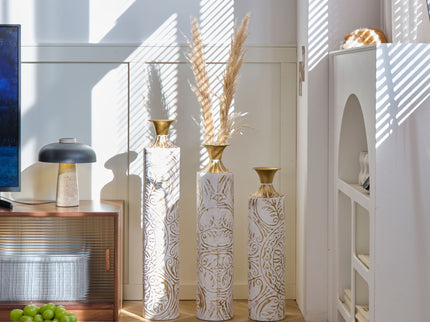 Floor Metal Vases Decorated Metal Vases (Set of 3) Gorgeous Home Decoration Large Glazed Metal Vases - White / Gold