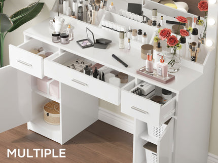 Vanity Desk With Large Mirror, 3 Colour Lighting Modes, Adjustable Brightness, Dresser With 3 Drawers & 2 Vertical Cabinets, Makeup Vanity Table For Women & Girls