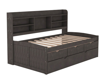 Captain Bed With Built In Bookshelves, 3 Storage Drawers, And Trundle