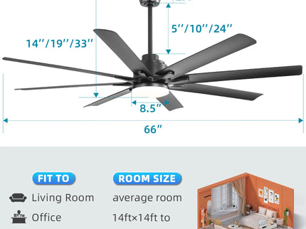 66" Ceiling Fan With Dimmable LED Light, 8 Blades, Smart Remote Control, Reversible DC Motor, For Home Office - Matte Black