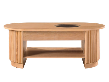 Fluted Oval Coffee Table With Drawers, 2 Tier Cocktail Table