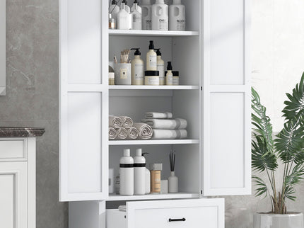 Tall Bathroom Storage Cabinet With 2 Doors And 2 Drawer, Adjustable Shelf - White