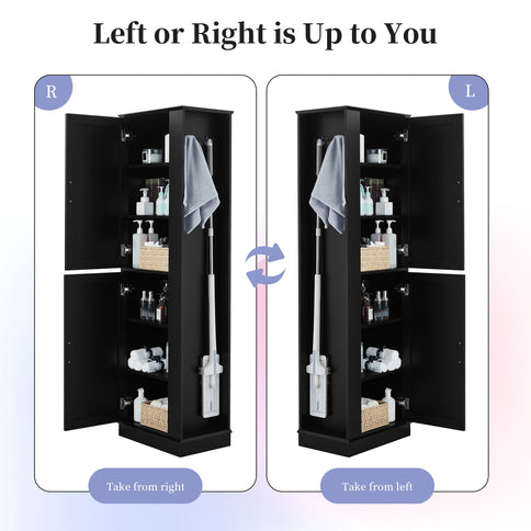 Tall Freestanding Bathroom Storage Cabinet With Adjustable Shelves And Side Hooks