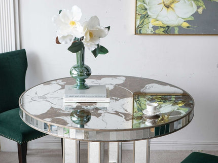 Round Dining Table With Elegant Floral Design And Mirrored - Silver Multi