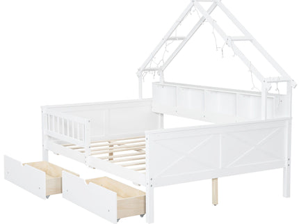 House Style Platform Bed With LED Lights, Storage Shelves, Drawers, And Guardrail