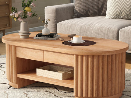 Fluted Oval Coffee Table With Drawers, 2 Tier Cocktail Table