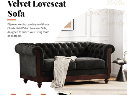 Chesterfield Loveseat Sofa, 2 Person Rolled Arm Upholstered Couch