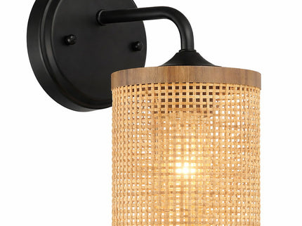 Reef - Single Lights Wall Sconce With Natural Shade Rustic Wicker Wall Light - Black / Rattan