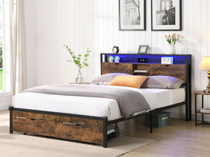 Modern Metal Platform Bed Frame With Wooden Headboard, USB Charging Station, Storage Drawers