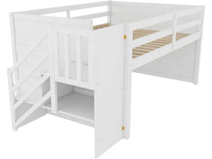 Low Loft Bed Frame With Built In Stairs, Storage Drawer, Shelf And 7 Color LED Light
