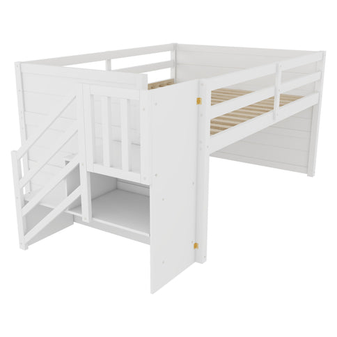 Low Loft Bed Frame With Built In Stairs, Storage Drawer, Shelf And 7 Color LED Light