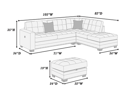 L - Shaped Sectional Sofa Set With Storage Ottoman, Tufted Upholstery Nailhead Trim