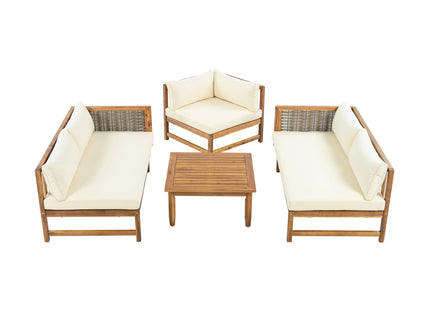 Premium Outdoor Sofa Set With Waterproof Cushions Sectional Seating Group With Acacia Wood And Wicker - Brown Mix / Beige
