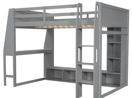Gaming Loft Bed With Desk, Multi Storage Shelves, LED Lighting, And Hanging Clothes Rack