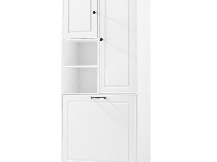 Modern Tall Storage Cabinet With Adjustable Shelves, Flip-Out Basket & Enclosed Doors
