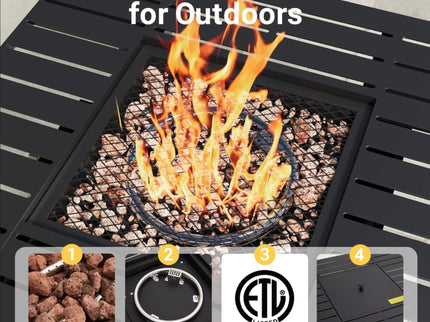 Outdoor 2 In 1 Propane Fire Pit Table With Dual Burners, Lava Rocks And Waterproof Cover - Black