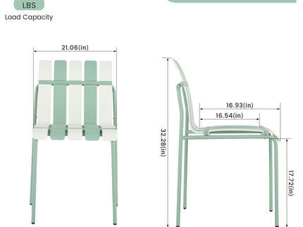 4 Piece Set Of Striped Color Blocking Single Chairs With Long Table - Cream White / Haze Green / White