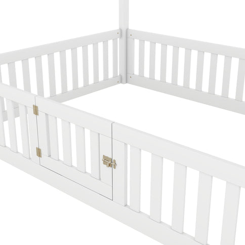 Wood House Bed With Fence And Door
