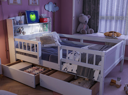 Platform Bed With LED Light, Multi Functional Headboard, Guardrail And 2 Drawers