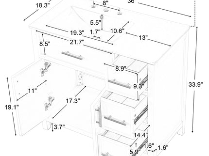 36" Bathroom Vanity With Sink, 2 Doors, 3 Drawers, Rectangular - White