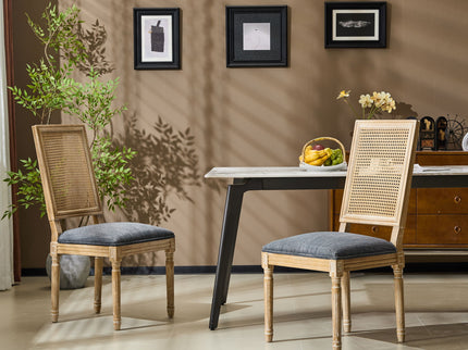French Country Dining Chair With Rectangular Cane Backrest And Smooth Upholstered Seating