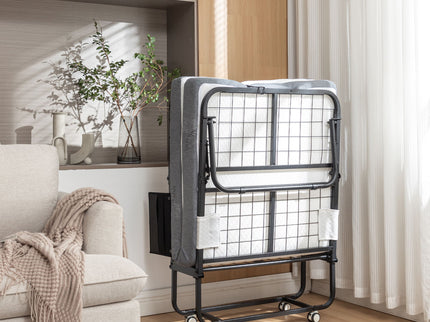 Foldable Metal Frame Bed For Guest With Memory Foam Mattress On Wheels, Saving Space Rollaway Bed