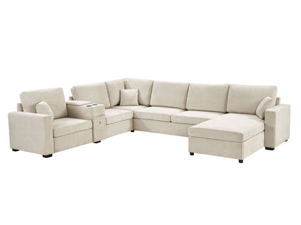 Modular 5 Seat U-Shape Sectional Sofa With Chaise Lounge, Built In Cup Holders And Storage Drawer