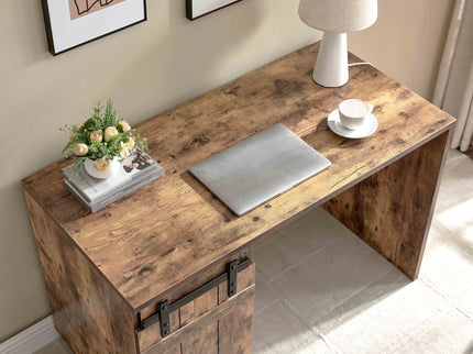 Home Office Desk One Cabinet Three Shelves Faux Barn Door On Metal Euro Hinges Modesty Panel - Distressed Wood