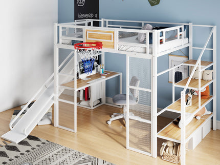 Loft Bed With Built In Desk, Open Wardrobe, Basketball Hoop, Slide And Staircase