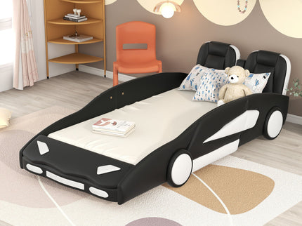 Race Car Shaped Twin Platform Bed With Wheels, Pine Wood Construction