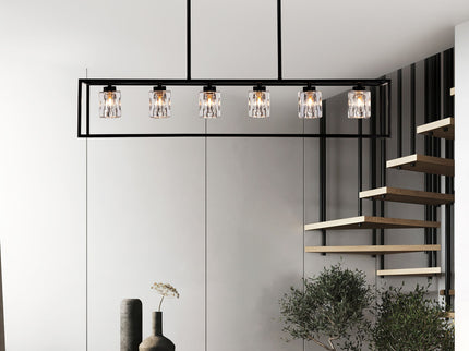6 Light Farmhouse Chandelier, Modern Industrial Linear Rectangular Crystal Pendant Light Cage Chandelier For Dining Room, Kitchen Island, Bar, Long Table, G9*6 Bulbs Included - Matte Black