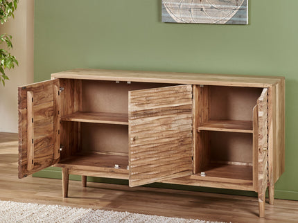 Boho Handcrafted 3 Door Sideboard, Carved Texture & Artisanal Charm - Natural