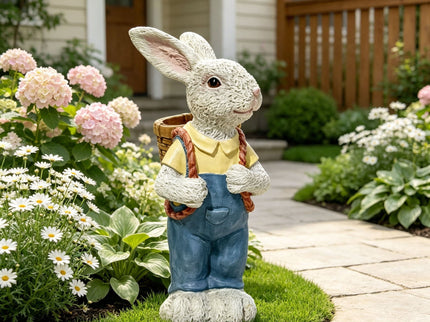 Simulated Couple Rabbit Statue Flower Pot Ornament, Resin Garden Sculpture Decor - Blue / White