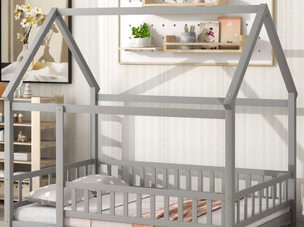 Floor Wooden Bed With House Roof Frame, Fence Guardrails