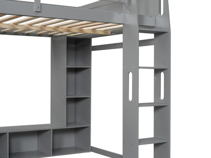 Gaming Loft Bed With Desk, Multi Storage Shelves, LED Lighting, And Hanging Clothes Rack